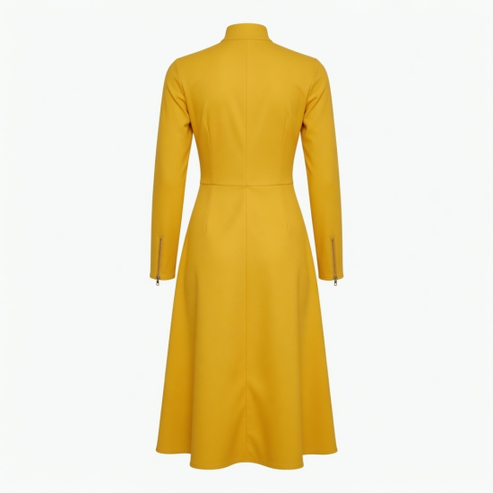 Yellow High Neck Long Sleeve Zip Midi Dress