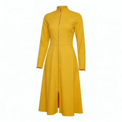 Yellow High Neck Long Sleeve Zip Midi Dress