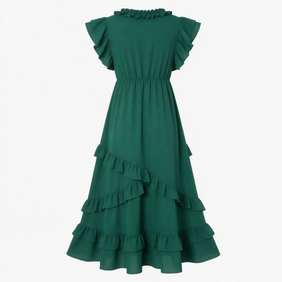 Green V-Neck Ruffled Maxi Dress