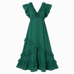 Green V-Neck Ruffled Maxi Dress