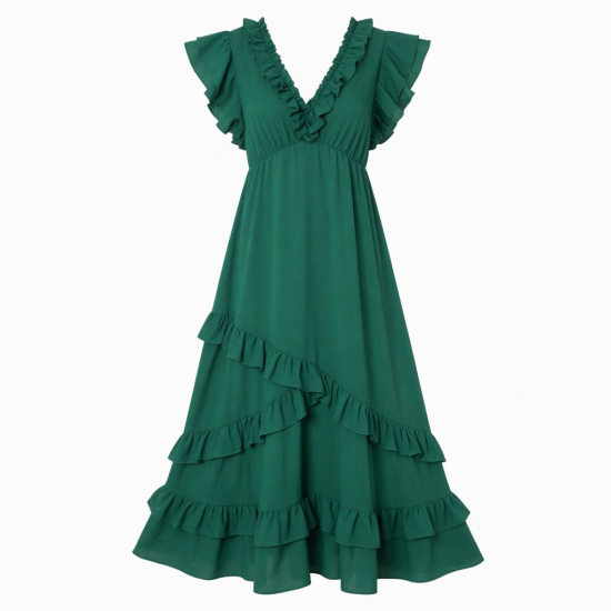 Green V-Neck Ruffled Maxi Dress
