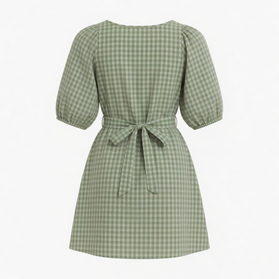Puff Sleeve Loose Fit Checked Cotton Dress