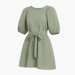 Puff Sleeve Loose Fit Checked Cotton Dress