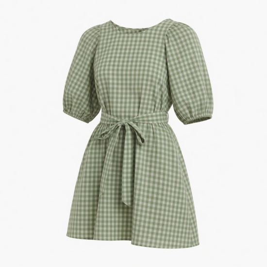 Puff Sleeve Loose Fit Checked Cotton Dress