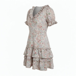 V-Neck Short Sleeve Ruffled Floral Dress
