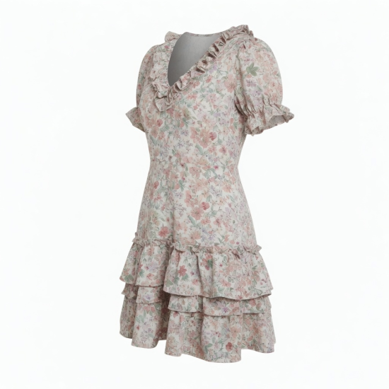 V-Neck Short Sleeve Ruffled Floral Dress