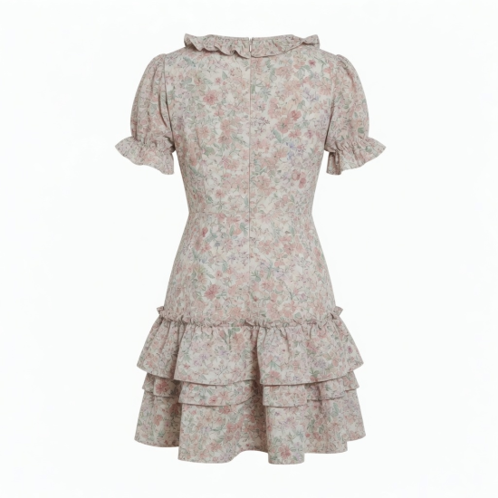 V-Neck Short Sleeve Ruffled Floral Dress