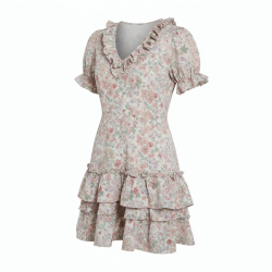 V-Neck Short Sleeve Ruffled Floral Dress