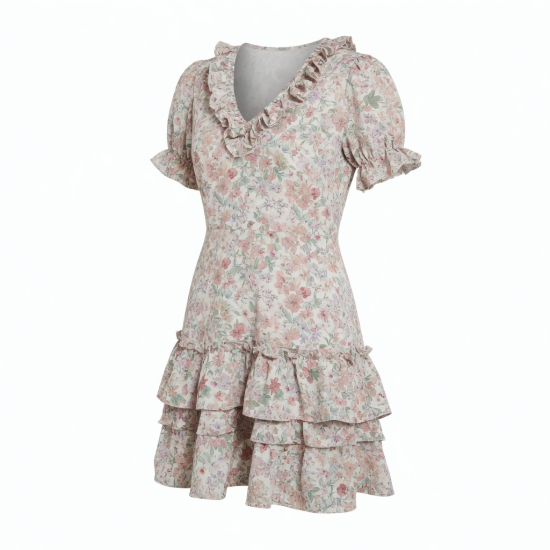 V-Neck Short Sleeve Ruffled Floral Dress