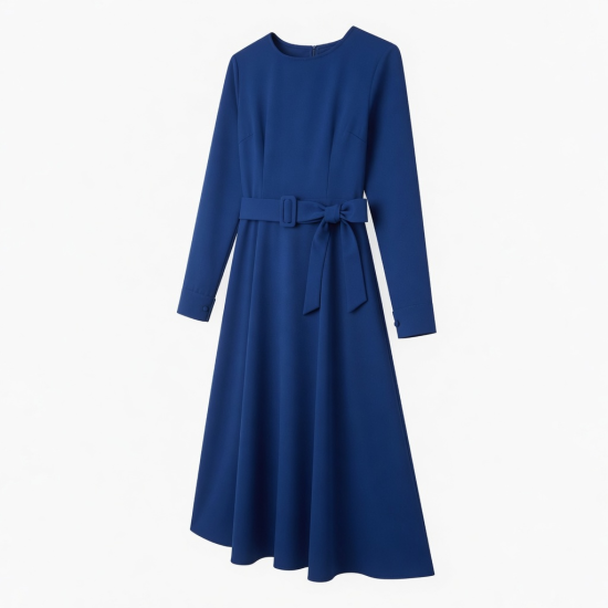 Royal Blue Long Sleeve Belted Elegant Dress