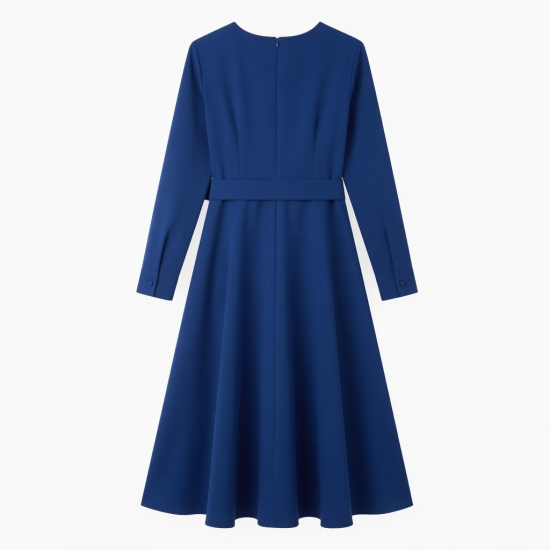 Royal Blue Long Sleeve Belted Elegant Dress
