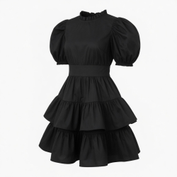 Black Puff Sleeve Ruffled Retro Dress