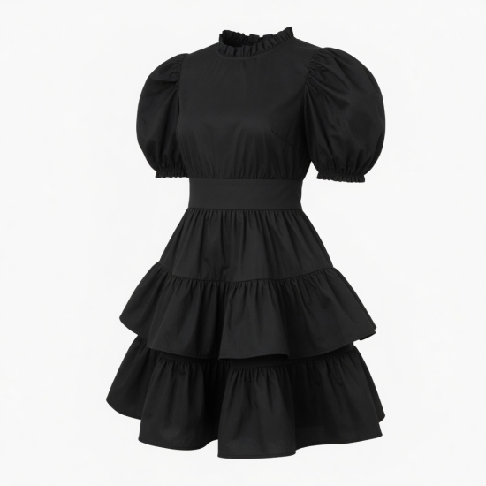 Black Puff Sleeve Ruffled Retro Dress