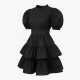 Black Puff Sleeve Ruffled Retro Dress