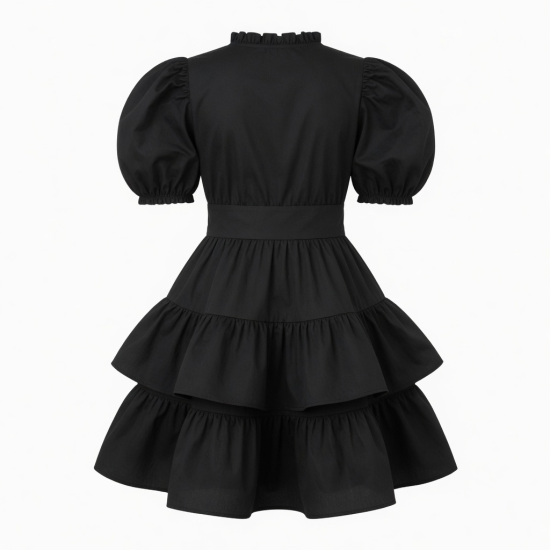 Black Puff Sleeve Ruffled Retro Dress