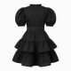 Black Puff Sleeve Ruffled Retro Dress
