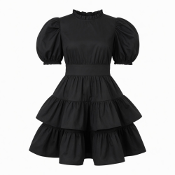 Black Puff Sleeve Ruffled Retro Dress