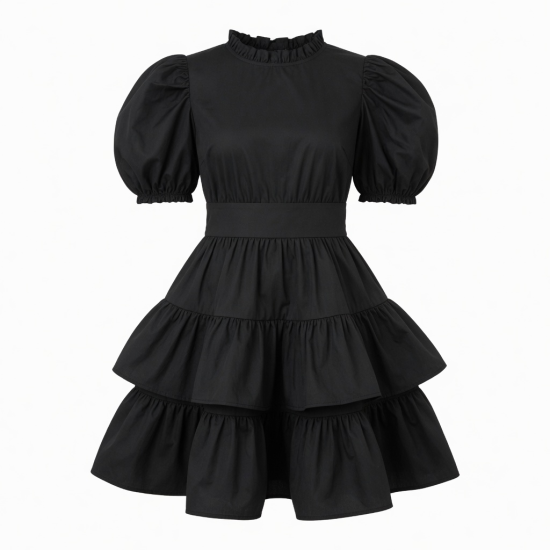 Black Puff Sleeve Ruffled Retro Dress