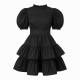 Black Puff Sleeve Ruffled Retro Dress