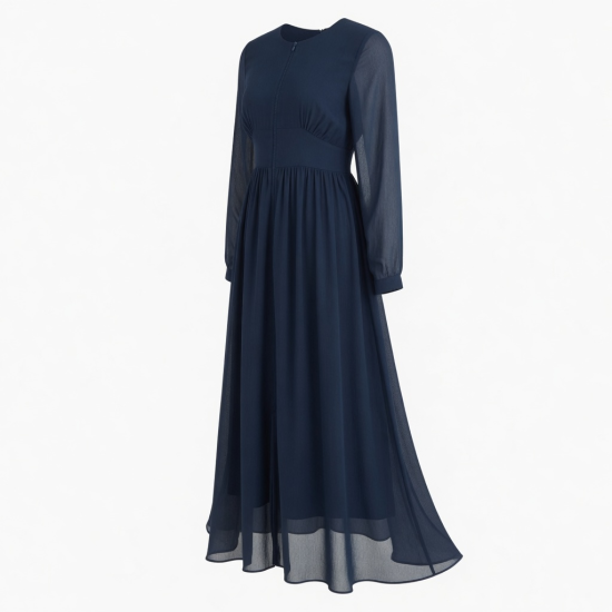 Navy Fitted Zip Chiffon Maxi Dress