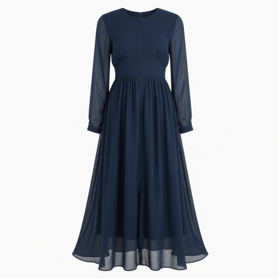 Navy Fitted Zip Chiffon Maxi Dress