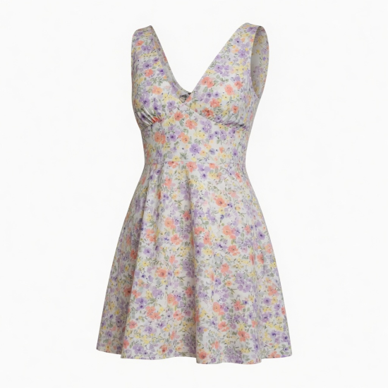 V-Neck Sleeveless Floral Summer Mini Dress