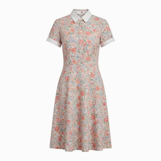 Collared Short Sleeve Fitted Floral Dress