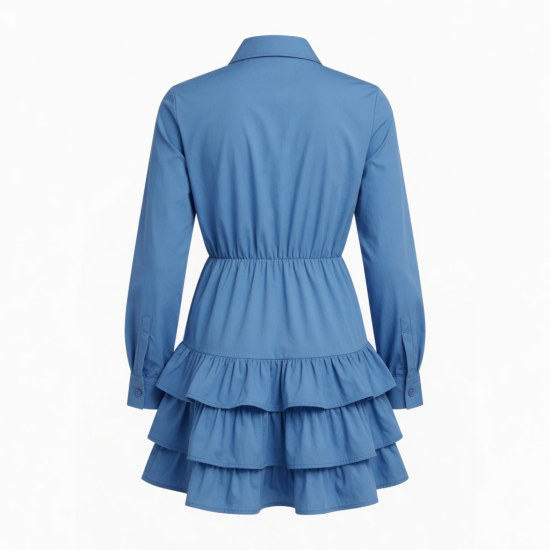 Blue Collared Long Sleeve Ruffled Mini Dress