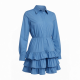 Blue Collared Long Sleeve Ruffled Mini Dress