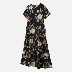 Black Short Sleeve Pockets Floral Maxi Dress