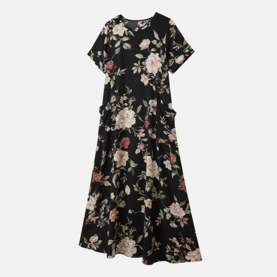 Black Short Sleeve Pockets Floral Maxi Dress