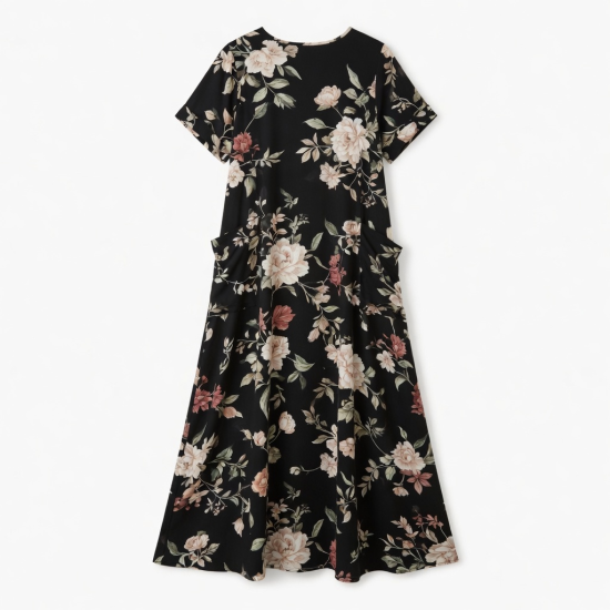Black Short Sleeve Pockets Floral Maxi Dress