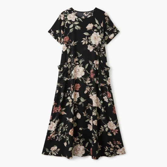 Black Short Sleeve Pockets Floral Maxi Dress