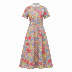 Multicolor Collared Short Sleeve Floral Maxi Dress