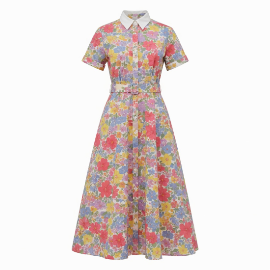 Multicolor Collared Short Sleeve Floral Maxi Dress