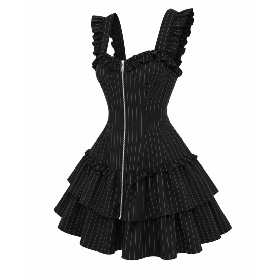 Black Ruffled Zip Striped Dress