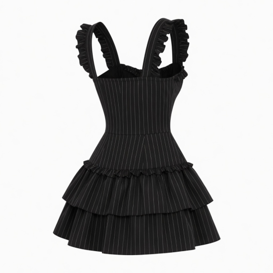Black Ruffled Zip Striped Dress
