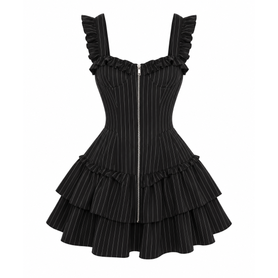 Black Ruffled Zip Striped Dress